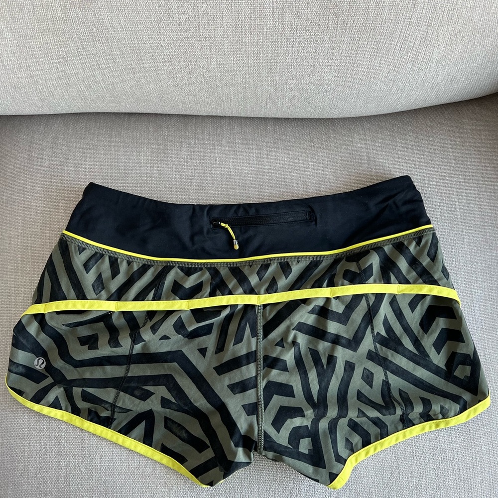 lululemon athletic shorts neon yellow with unique green pattern size 6